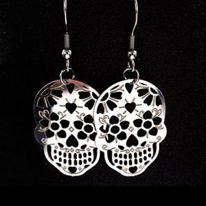 Silver titanium sugar skull flat detailed cutout goth punk earrings new